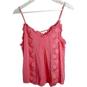 MINE Tank Top Pink Boho Thin Straps Flowy Embroidered Swiss Dot Women's Size L